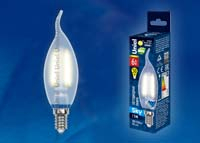  LED-CW35-6W/WW/E14/FR PLS02WH Лампа светодиодная. Форма "свеча на ветру", матовая. Серия Sky. Теплый белый свет. Картон. ТМ Uniel.