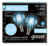 Лампа Gauss Filament Шар E14 5W 4100К 2/100 (2 лампы в упаковке)