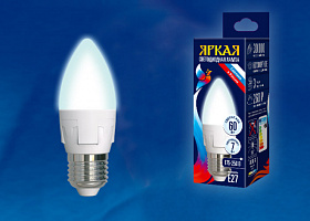 LED-C37 7W/NW/E27/FR PLP01WH Лампа светодиодная. Форма «свеча», матовая. Серия ЯРКАЯ. Белый свет (4000K). Картон. ТМ Uniel