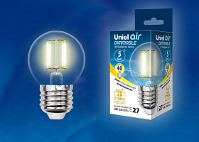  LED-G45-5W/WW/E27/CL/DIM GLA01TR Лампа светодиодная диммируемая. Форма "шар", прозрачная. Серия Air. Теплый белый свет (3000K). Картон. ТМ Uniel