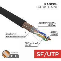  Кабель витая пара SF/UTP, CAT 5e, PE, 4PR, 24AWG, OUTDOOR, SOLID, черный, 305м, REXANT