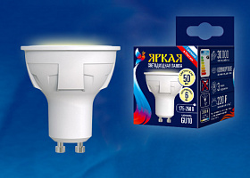  LED-JCDR 6W/WW/GU10/FR PLP01WH Лампа светодиодная. Форма «JCDR», матовая. Серия ЯРКАЯ. Теплый белый свет (3000K). Картон. ТМ Uniel