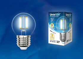  LED-G45-7,5W/NW/E27/CL GLA01TR Лампа светодиодная. Форма "шар", прозрачная. Серия Air. Белый свет (4000K). Картон. ТМ Uniel