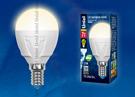  LED-G45 7W/WW/E14/FR PLP01WH Лампа светодиодная. Форма «шар», матовая. Серия ЯРКАЯ. Теплый белый свет (3000K). Картон. ТМ Uniel