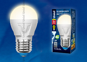  LED-G45 7W/WW/E27/FR PLP01WH Лампа светодиодная. Форма «шар», матовая. Серия ЯРКАЯ. Теплый белый свет (3000K). Картон. ТМ Uniel