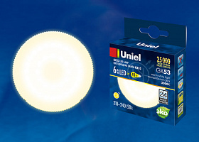  LED-GX53-6W/WW/GX53/FR PLZ01WH Лампа светодиодная, матовая. Теплый белый свет. Картон. ТМ Uniel.