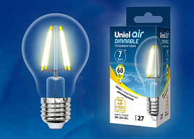  LED-A60-7W/WW/E27/CL/DIM GLA01TR Лампа светодиодная диммируемая. Форма "A", прозрачная. Серия Air. Теплый белый свет (3000K). Картон. ТМ Uniel