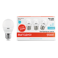  Лампа Gauss Elementary Шар 7W 470lm 4100K E27 (3 лампы в упаковке) LED 1/40