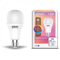  Лампа Gauss Smart Home A60 10W 1055lm 2700-6500К E27 RGBW+изм.цвет.темп.+диммирование LED 1/10/40