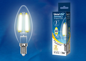  LED-C35-5W/WW/E14/CL/DIM GLA01TR Лампа светодиодная диммируемая. Форма "свеча", прозрачная. Серия Air. Теплый белый свет (3000K). Картон. ТМ Uniel