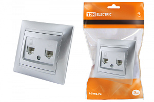  Розетка телефонная RJ11 + компьютерная RJ45 серебр. металлик "Лама" TDM