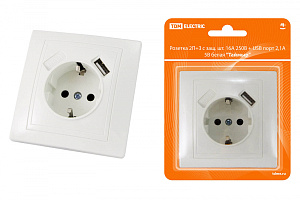  Розетка 2П+З с защ. шт. 16А 250В + USB порт 2,1А 5В белая "Таймыр" TDM