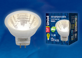  LED-MR11-3W/WW/GU4 GLZ21TR Лампа светодиодная, 12V. Прозрачная. Теплый белый свет (3000K). Картон. ТМ Uniel.