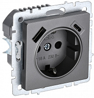  BRITE Розетка 1-местная с заземлением с защитными шторками 16А с USB A+C 18Вт РЮш11-1-БрС сталь IEK