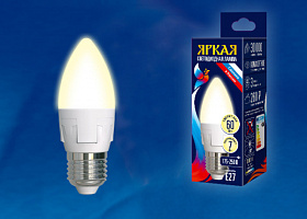  LED-C37 7W/WW/E27/FR PLP01WH Лампа светодиодная. Форма «свеча», матовая. Серия ЯРКАЯ. Теплый белый свет (3000K). Картон. ТМ Uniel