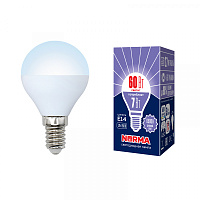  LED-G45-7W/DW/E14/FR/NR Лампа светодиодная. Форма "шар", матовая. Серия Norma. Дневной белый свет (6500K). Картон. ТМ Volpe