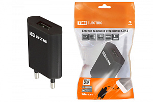  Сетевое зарядное устройство, СЗУ 2, 1 А, 1 USB, черный, TDM