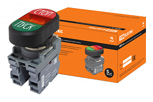  Кнопка двойная MPD4-11R (зеленая/красная) (LED) в сборе d22мм/24В (ПУСК/СТОП) линза красная TDM
