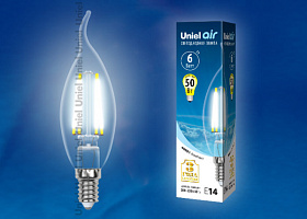 LED-CW35-6W/NW/E14/CL GLA01TR Лампа светодиодная. Форма "свеча на ветру", прозрачная. Серия Air. Белый свет (4000K). Картон. ТМ Uniel