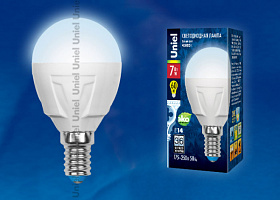  LED-G45 7W/NW/E14/FR PLP01WH Лампа светодиодная. Форма «шар», матовая. Серия ЯРКАЯ. Белый свет (4000K). Картон. ТМ Uniel