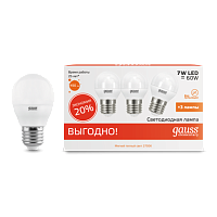  Лампа Gauss Elementary Шар 7W 450lm 3000K E27 (3 лампы в упаковке) LED1/40