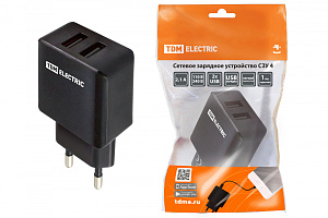  Сетевое зарядное устройство, СЗУ 4, 2,1 А, 2 USB, черный, TDM