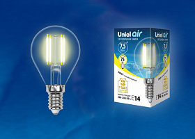  LED-G45-7,5W/WW/E14/CL GLA01TR Лампа светодиодная. Форма "шар", прозрачная. Серия Air. Теплый белый свет (3000K). Картон. ТМ Uniel