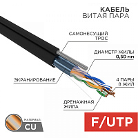  Кабель витая пара F/UTP, CAT 5e, PE, 4PR, 24AWG, OUTDOOR, SOLID, черный, с тросом, 305м, REXANT