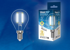  LED-G45-5W/NW/E14/CL/DIM GLA01TR Лампа светодиодная диммируемая. Форма "шар", прозрачная. Серия Air. Белый свет (4000K). Картон. ТМ Uniel