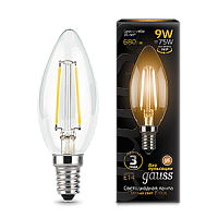  Лампа Gauss Filament Свеча 9W 680lm 2700К Е14 LED 1/10/50