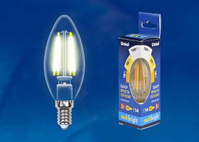  LED-C35-5W/WW/E14/CL/MB GLM10TR Лампа светодиодная. Форма «свеча», прозрачная. Серия Multibright. Теплый белый свет (3000K). 100-50-10. Картон. ТМ Uni