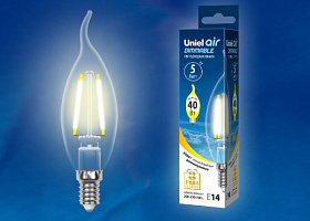  LED-CW35-5W/WW/E14/CL/DIM GLA01TR Лампа светодиодная диммируемая. Форма "свеча на ветру", прозрачная. Серия Air. Теплый белый свет (3000K). Картон. ТМ