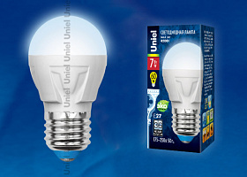  LED-G45 7W/NW/E27/FR PLP01WH Лампа светодиодная. Форма «шар», матовая. Серия ЯРКАЯ. Белый свет (4000K). Картон. ТМ Uniel