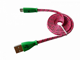  Кабель USB-A – Lightning, 1А, 1м, в розовой нейлоновой оплетке, плоский, светящиеся разъемы REXANT