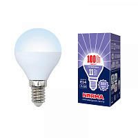  LED-G45-11W/DW/E14/FR/NR Лампа светодиодная. Форма "шар", матовая. Серия Norma. Дневной белый свет (6500K). Картон. ТМ Volpe