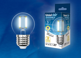  LED-G45-5W/NW/E27/CL/DIM GLA01TR Лампа светодиодная диммируемая. Форма "шар", прозрачная. Серия Air. Белый свет (4000K). Картон. ТМ Uniel