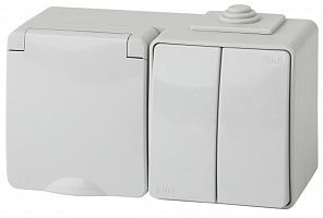  11-7602-03 ЭРА Блок розетка+выкл. двойн. гориз. IP65, 16A(10AX)-250В, ОУ, Эра Эксперт, серый (5/50/8