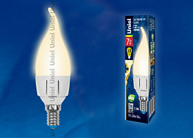  LED-CW37 7W/WW/E14/FR PLP01WH Лампа светодиодная. Форма «свеча на ветру», матовая. Серия ЯРКАЯ. Теплый белый свет (3000K). Картон. ТМ Uniel