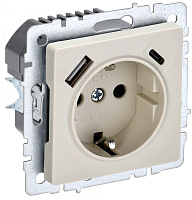  BRITE Розетка 1-местная с заземлением с защитными шторками 16А с USB A+C 18Вт РЮш11-1-БрКр бежевый IEK