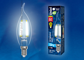  LED-CW35-6W/NW/E14/CL PLS02WH Лампа светодиодная. Форма "свеча на ветру", прозрачная. Серия Sky. Белый свет. Картон. ТМ Uniel