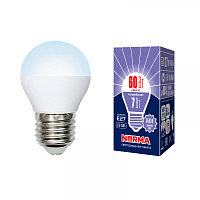  LED-G45-7W/DW/E27/FR/NR Лампа светодиодная. Форма "шар", матовая. Серия Norma. Дневной белый свет (6500K). Картон. ТМ Volpe