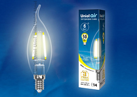  LED-CW35-6W/WW/E14/CL GLA01TR Лампа светодиодная. Форма "свеча на ветру", прозрачная. Серия Air. Теплый белый свет (3000K). Картон. ТМ Uniel