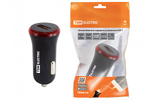  Автомобильное зарядное устройство, АЗУ 1, 2,1 А, 1 USB, черный, TDM