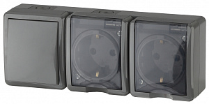  11-7403-03 ЭРА Блок две розетки+выключатель IP54, 16A(10AX)-250В, ОУ, Эра Эксперт, серый (5/50/900)