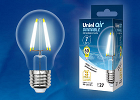  LED-A60-7W/NW/E27/CL/DIM GLA01TR Лампа светодиодная диммируемая. Форма "A", прозрачная. Серия Air. Белый свет (4000K). Картон. ТМ Uniel