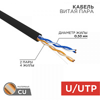  Кабель витая пара U/UTP, CAT 5e, PE, 2PR, 24AWG, OUTDOOR, SOLID, черный, 305м, REXANT