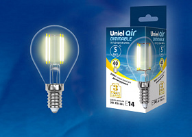  LED-G45-5W/WW/E14/CL/DIM GLA01TR Лампа светодиодная диммируемая. Форма "шар", прозрачная. Серия Air. Теплый белый свет (3000K). Картон. ТМ Uniel