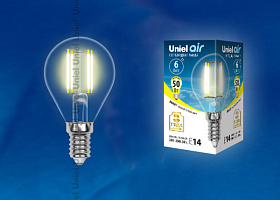  LED-G45-6W/WW/E14/CL GLA01TR Лампа светодиодная. Форма "шар", прозрачная. Серия Air. Теплый белый свет (3000K). Картон. ТМ Uniel