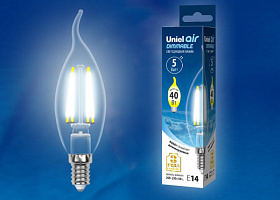  LED-CW35-5W/NW/E14/CL/DIM GLA01TR Лампа светодиодная диммируемая. Форма "свеча на ветру", прозрачная. Серия Air. Белый свет (4000K). Картон. ТМ Uniel