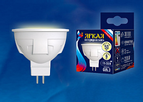  LED-JCDR 6W/WW/GU5.3/FR PLP01WH Лампа светодиодная. Форма «JCDR», матовая. Серия ЯРКАЯ. Теплый белый свет (3000K). Картон. ТМ Uniel